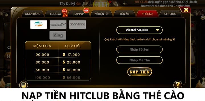Hướng dẫn chi tiết các giao dịch Nạp tiền Hitclub
