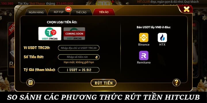 Số liệu so sánh tất cả các phương thức rút tiền Hitclub